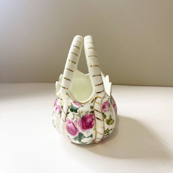 Formalities by Baum Bros Pink Rose White Basket Vase Small Porcelain Glass - Picture 16 of 16